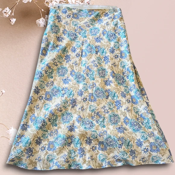 Linen Skirt, Pale Gold & Blue Floral Midi, Shabby Casual Cottagecore Coquette - Picture 1 of 10